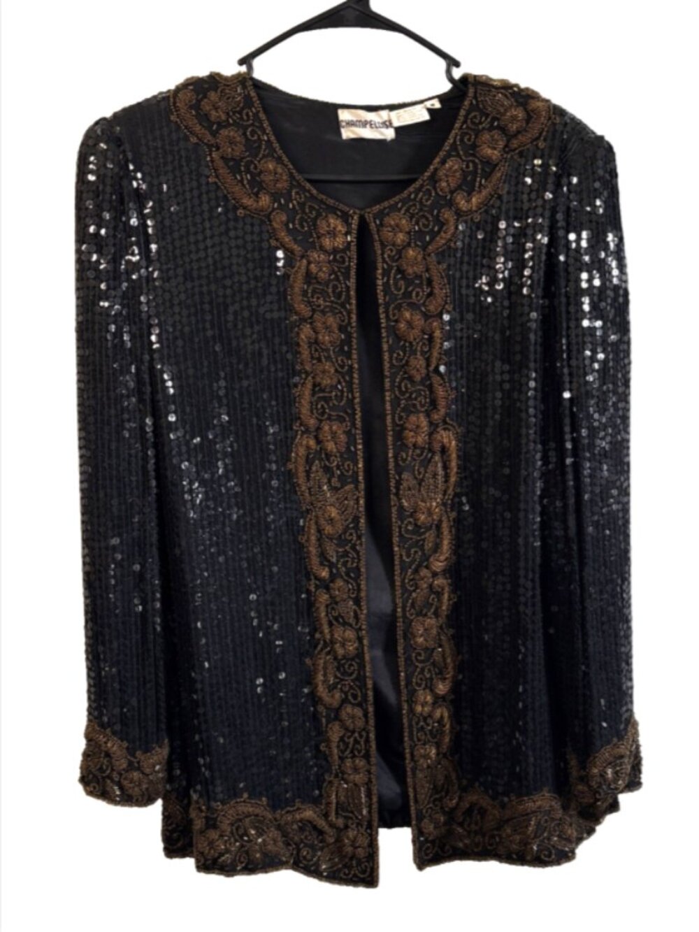 Vintage Glam Champellyse Black Silk Sequin Beaded Open Front Top 80s Women’s M